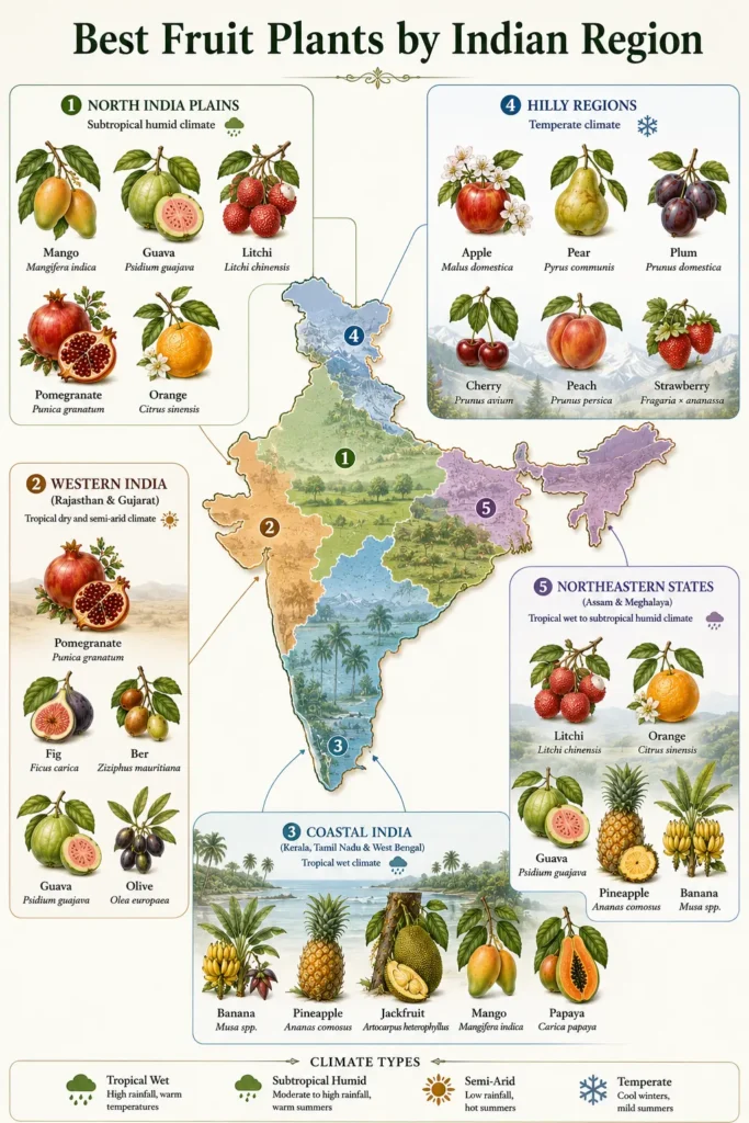 Regional guide showing the best fruit plants for North India Western India Coastal India Hilly Regions and Northeastern States