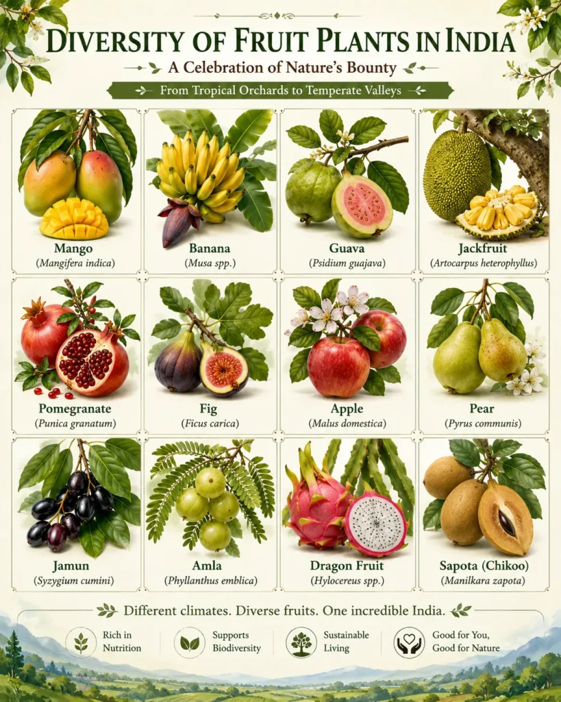 Diversity of fruit plants grown in India including mango, banana, guava, jackfruit, pomegranate, fig, apple, pear, jamun, amla, dragon fruit and sapota