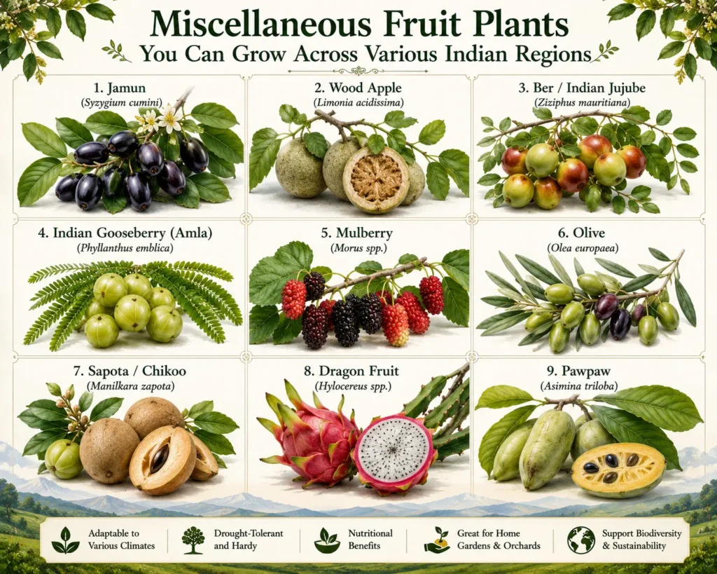 Miscellaneous fruit plants grown across India including jamun wood apple ber amla mulberry olive sapota dragon fruit and pawpaw