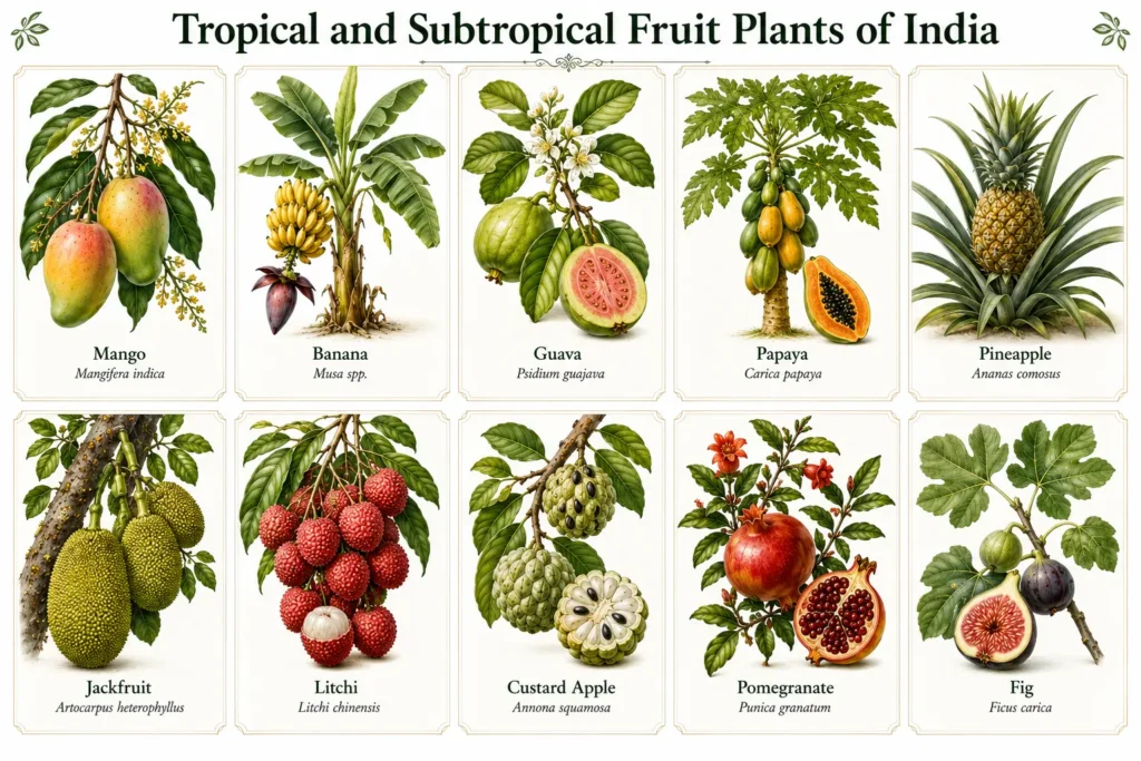 Tropical and subtropical fruit plants of India including mango banana guava papaya pineapple jackfruit litchi custard apple pomegranate and fig