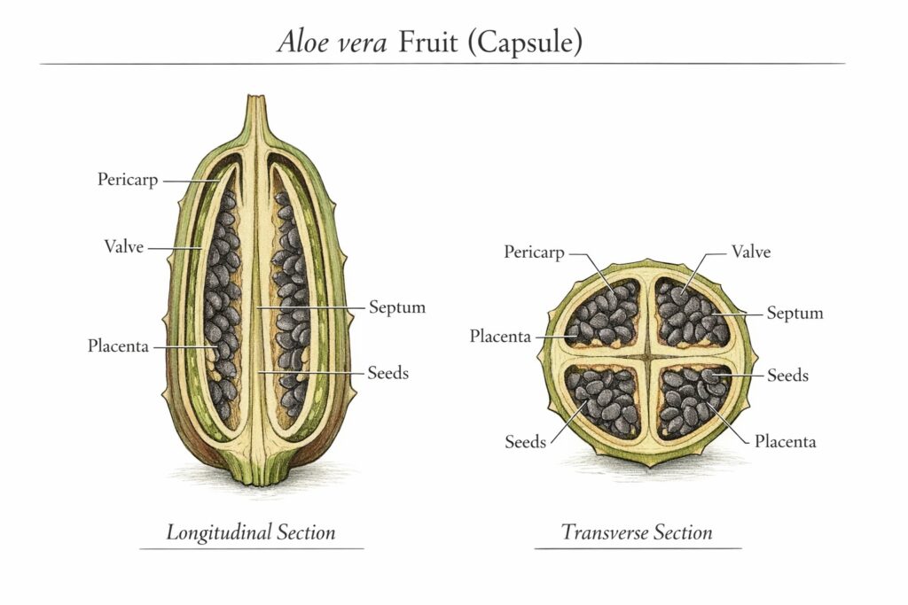 Fruit cross-section of Aloe vera (Aloe) showing internal capsule anatomy.