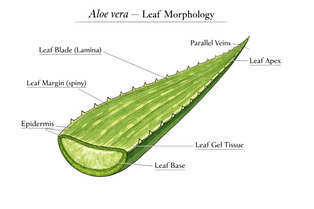 Leaf morphology of Aloe vera (Aloe) showing characteristics