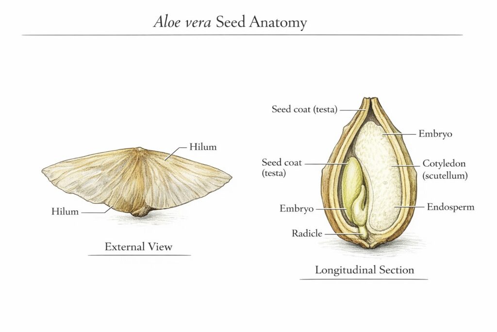 Seed anatomy of Aloe vera (Aloe) showing external morphology and internal seed structure.