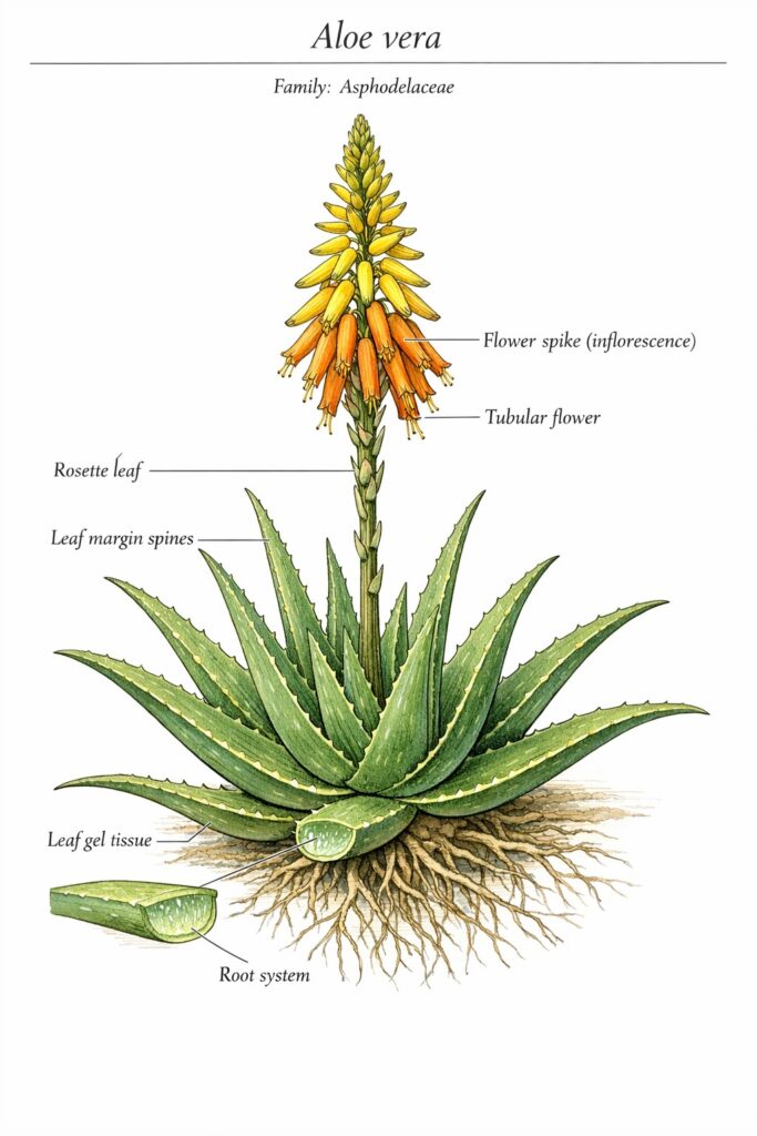 Botanical illustration of Aloe vera showing succulent rosette leaves with serrated margins and a flowering spike with tubular yellow flowers.