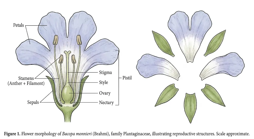 A scientific botanical illustration of Bacopa monnieri (Brahmi) showing a longitudinal cross-section of the flower with 4 didynamous stamens, a superior ovary, and a pale lavender bilabiate corolla. The diagram includes labeled anatomical callouts for the petals, sepals, stamens, pistil, stigma, style, ovary, and nectary, alongside an unlabeled exploded view of the floral parts.