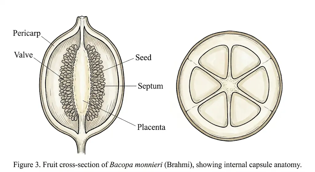 A botanical atlas plate showing the fruit of Bacopa monnieri in longitudinal and transverse cross-sections. The longitudinal view is labeled once for the pericarp, valve, seed, septum, and placenta with thin leader lines. The transverse view remains unlabeled, showing a multi-locular capsule structure.
