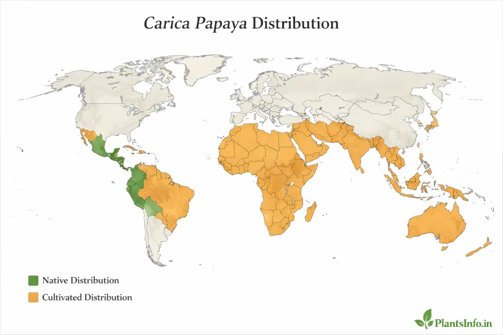 World distribution map of papaya (Carica papaya) showing native Central America and cultivated tropical regions worldwide; data sources POWO and GBIF.