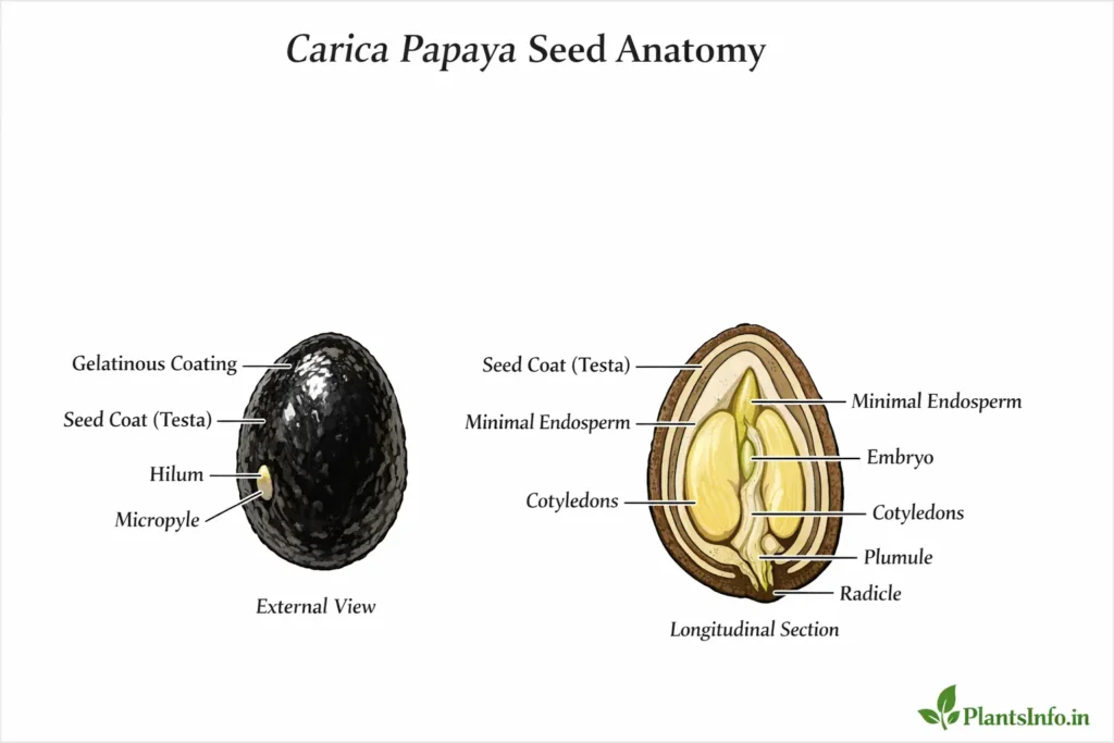 Botanical diagram of papaya (Carica papaya) seed anatomy showing small seed with dicot embryo and two cotyledons; scientific atlas illustration.