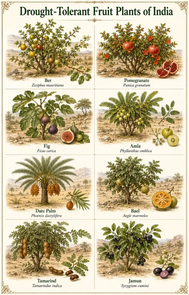 Drought-tolerant fruit plants of India including ber pomegranate fig amla date palm bael tamarind and jamun with scientific names