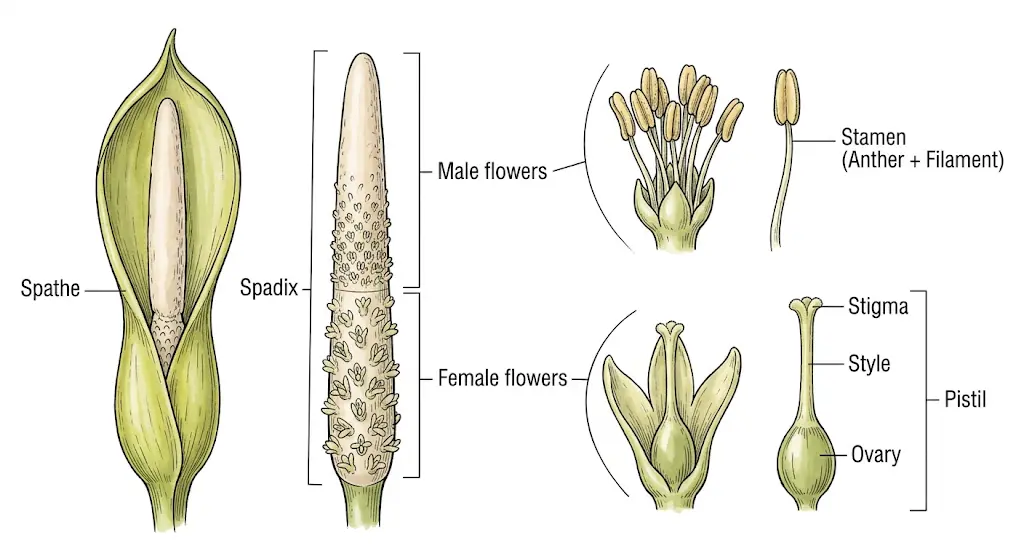 A detailed botanical illustration of Epipremnum aureum (Pothos) inflorescence, featuring a labeled longitudinal section of the spathe and spadix, with exploded views of male flowers (stamens) and female flowers (pistils).