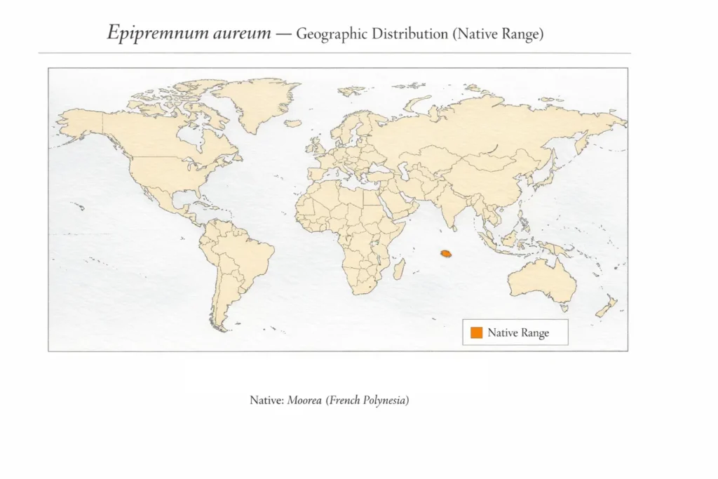 Epipremnum aureum native range map showing Moorea in French Polynesia highlighted in orange