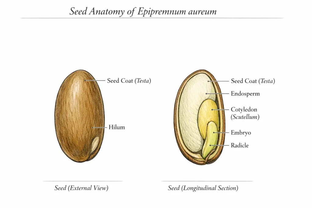 Seed anatomy of Epipremnum aureum showing external seed view and longitudinal section with labeled testa, hilum, endosperm, embryo, cotyledon (scutellum), and radicle