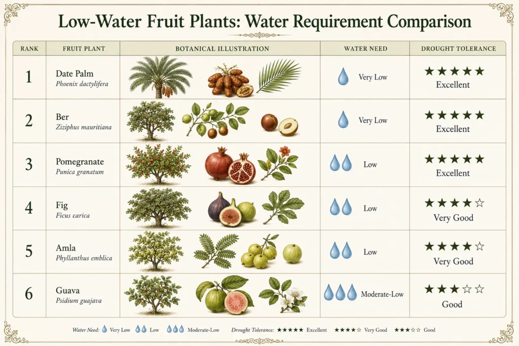 Comparison chart of low-water fruit plants showing water requirements and drought tolerance of date palm ber pomegranate fig amla and guava