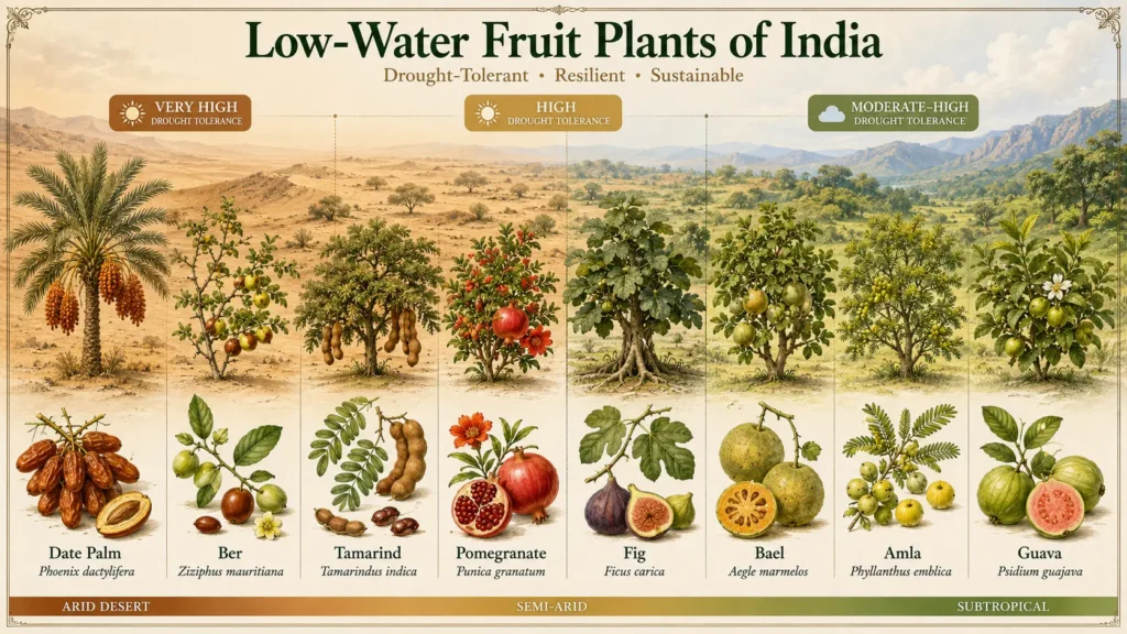 Low-water fruit plants of India including pomegranate fig ber amla date palm bael tamarind and guava grouped by drought tolerance