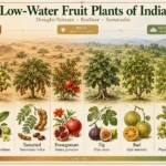 Low-water fruit plants of India including pomegranate fig ber amla date palm bael tamarind and guava grouped by drought tolerance