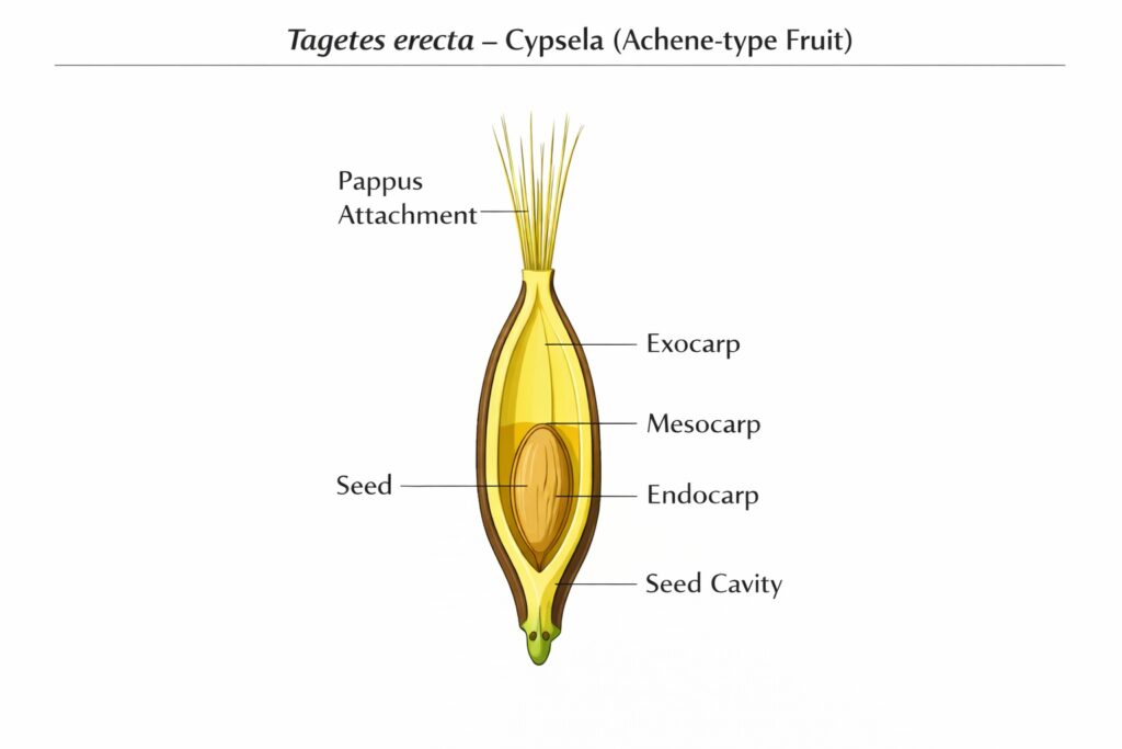Cross section botanical diagram of Tagetes erecta achene fruit showing seed and fruit layers.