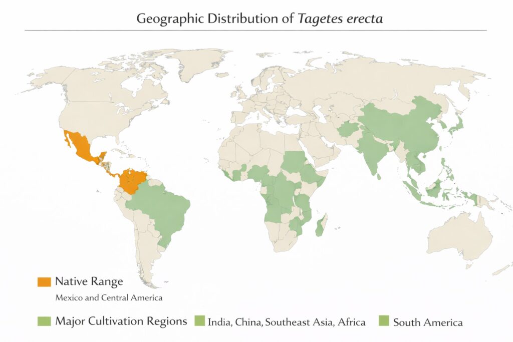 Global distribution map of Tagetes erecta showing native range in Mexico and cultivation regions worldwide.