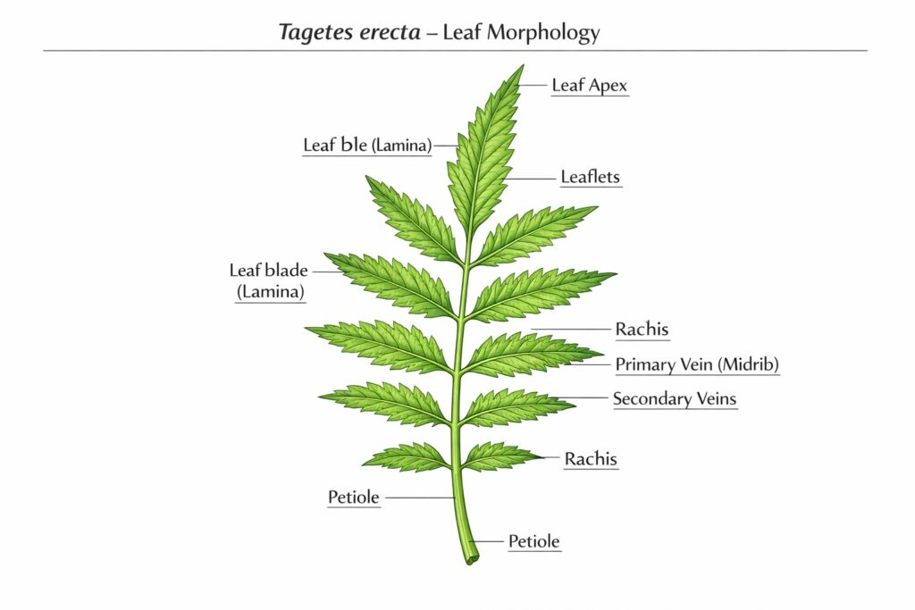 Leaf morphology diagram of Tagetes erecta showing pinnately divided leaflets and venation structure.