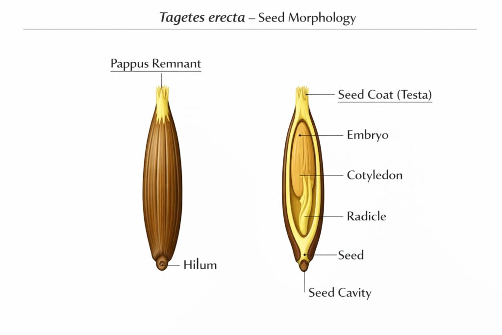 Seed morphology diagram of Tagetes erecta showing seed coat, embryo, cotyledon and radicle.