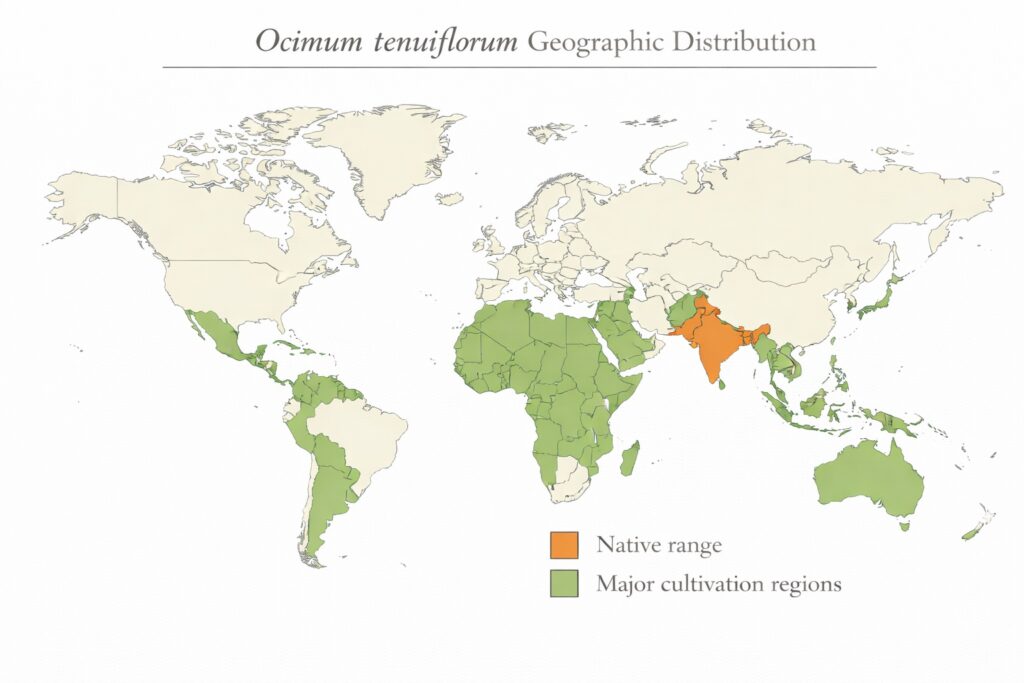 World map showing native and cultivated distribution of Tulsi (Ocimum tenuiflorum).