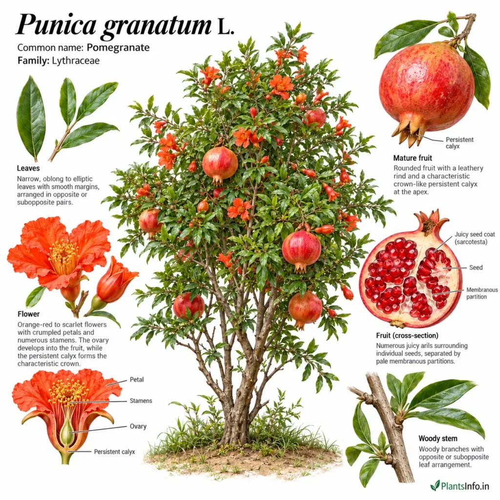 Botanical atlas illustration of Punica granatum (pomegranate), showing the whole plant, leaves, orange-red flowers, woody stem, mature fruit, and fruit cross-section with juicy seed coverings.