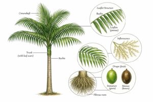 Botanical illustration of Kentia Palm (Howea forsteriana) with labeled trunk, pinnate fronds, rachis, leaflets, inflorescence, drupe fruit, and fibrous roots.