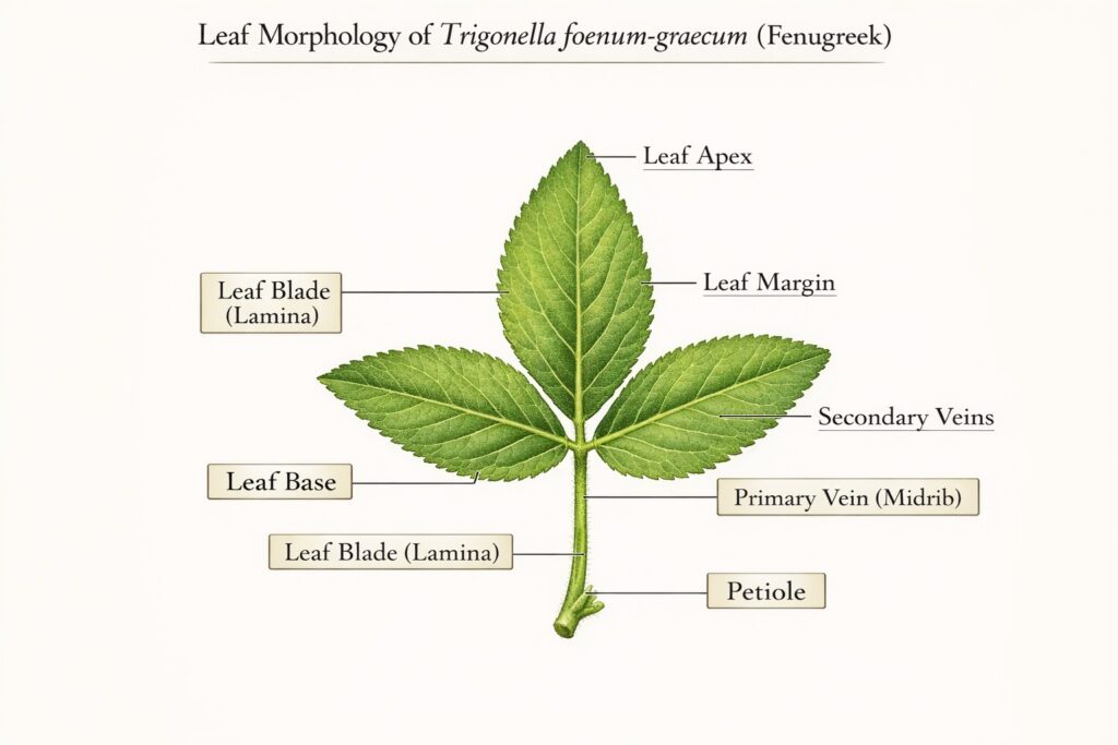 Fenugreek trifoliate leaf morphology diagram with serrated margins and pinnate venation.