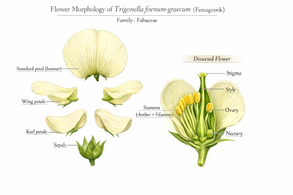 Scientific botanical atlas illustration of the flower morphology