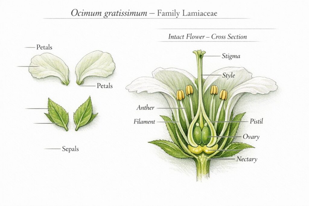 Botanical illustration showing flower morphology of African basil (Ocimum gratissimum) with labeled petals, sepals, stamens, pistil, stigma, style, ovary, and nectary.