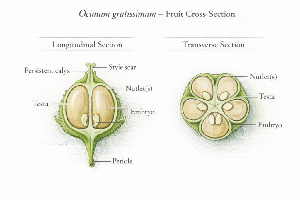 Botanical diagram showing cross-section of African basil fruit with four nutlets, persistent calyx, testa, embryo, and style scar.