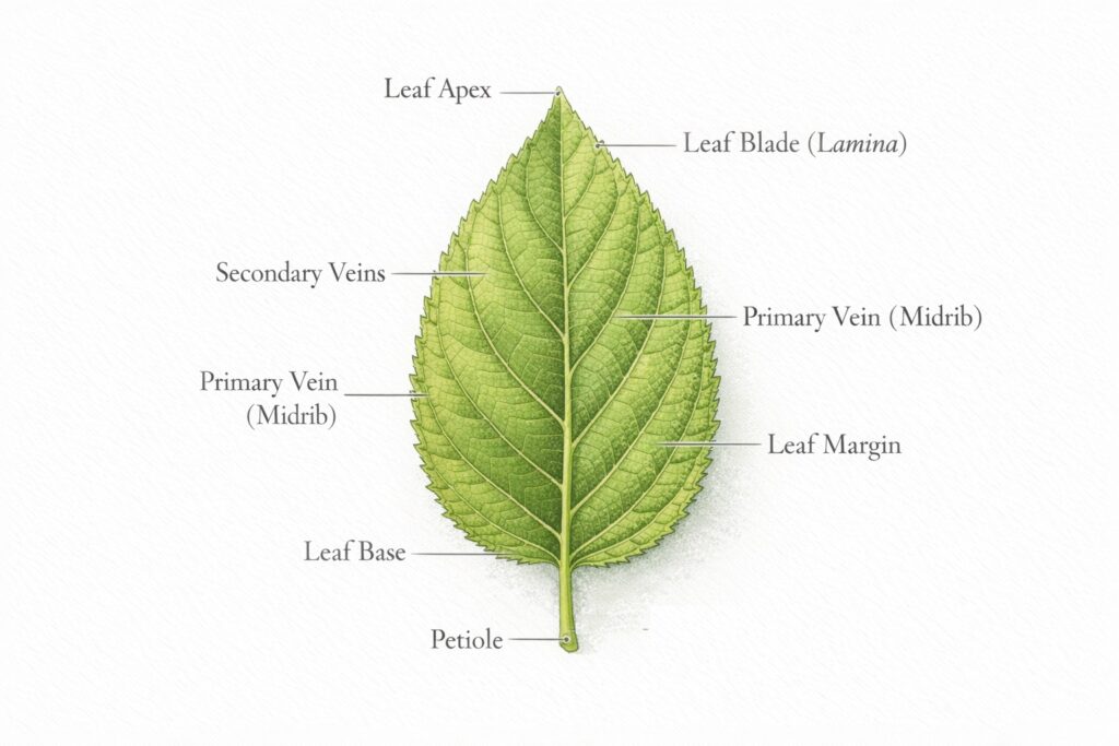 Botanical diagram of African basil (Ocimum gratissimum) leaf morphology showing ovate leaf blade, serrated margin, midrib, veins, apex, base, and petiole.