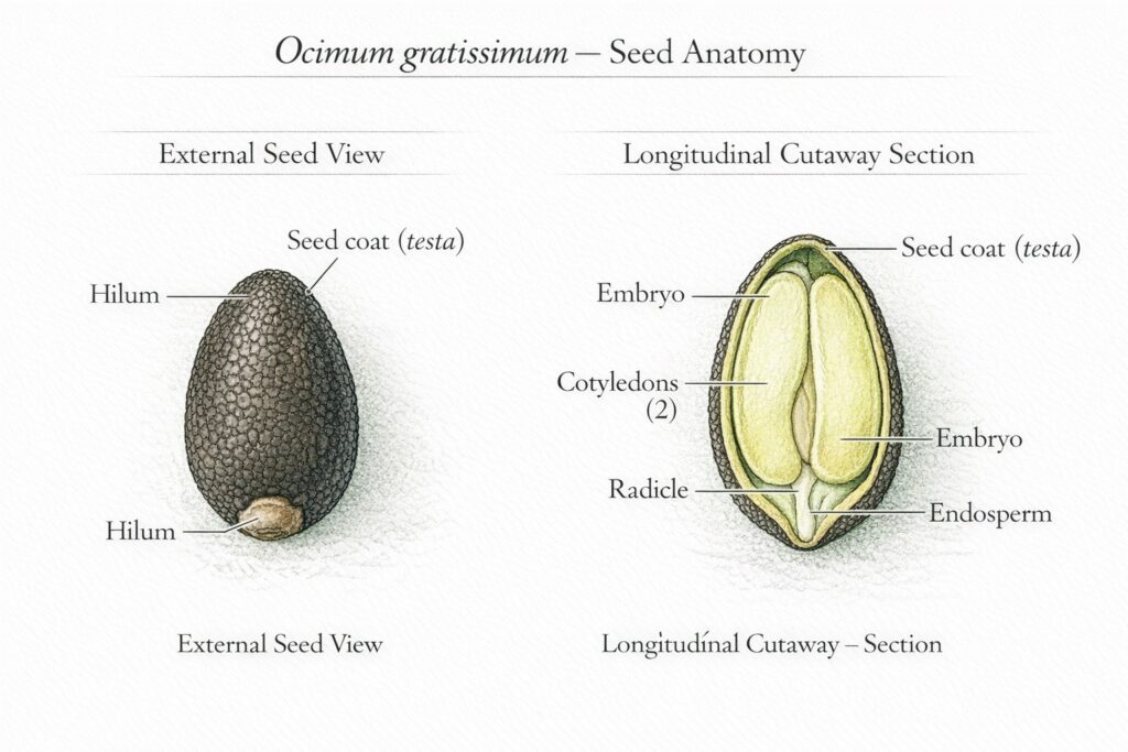 Botanical illustration showing seed anatomy of African basil (Ocimum gratissimum) including seed coat, embryo, cotyledons, hilum, radicle, and endosperm.
