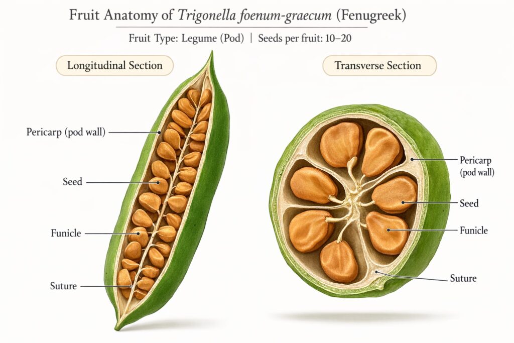 Fenugreek pod cross section showing seeds and pod wall anatomy.