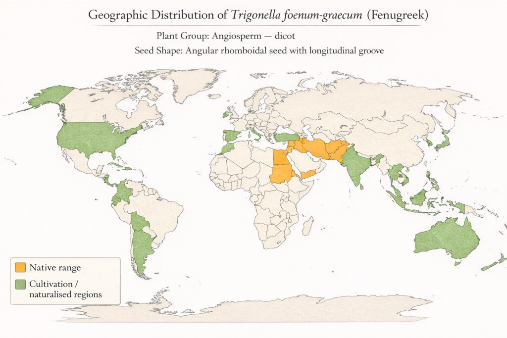 Global distribution map of fenugreek showing native range and cultivation regions.