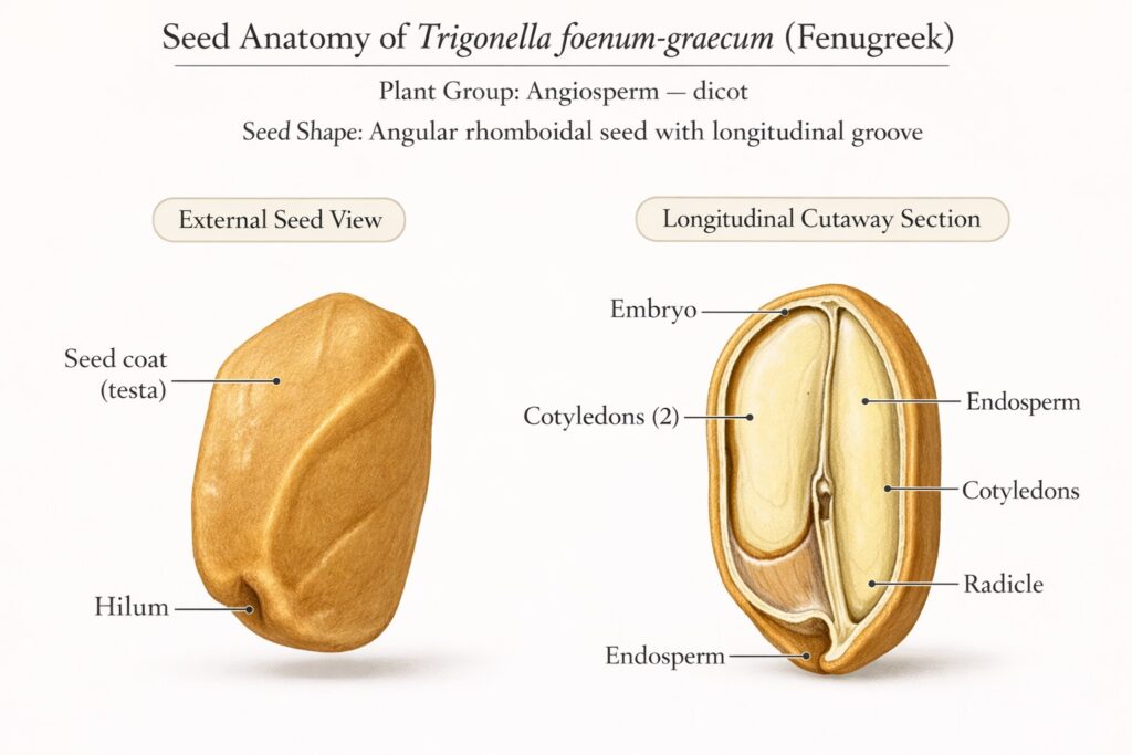Fenugreek seed anatomy diagram showing embryo, cotyledons and seed coat.