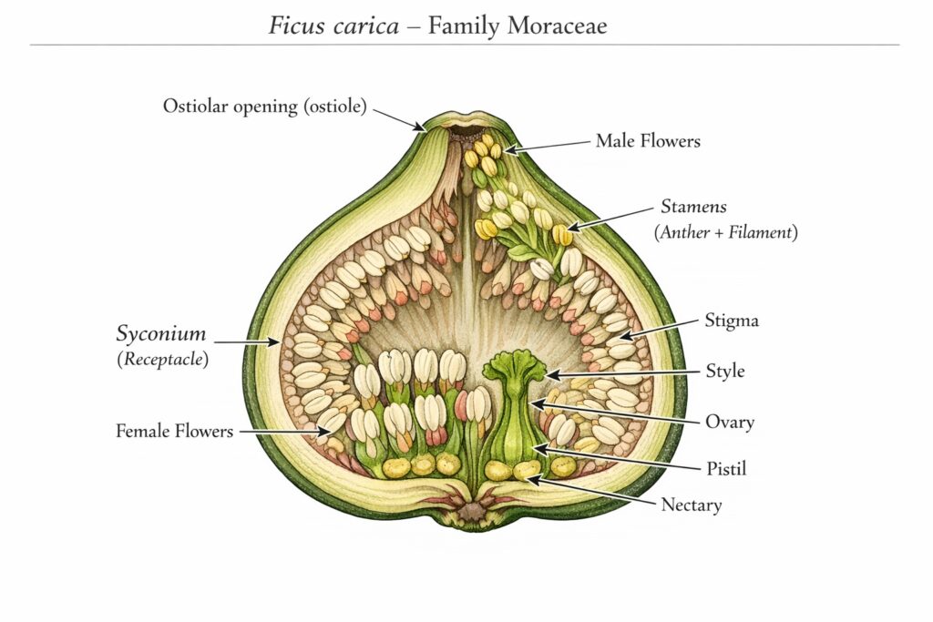 Scientific botanical diagram showing the internal flower structure of Ficus carica with labeled fig syconium and reproductive structures.