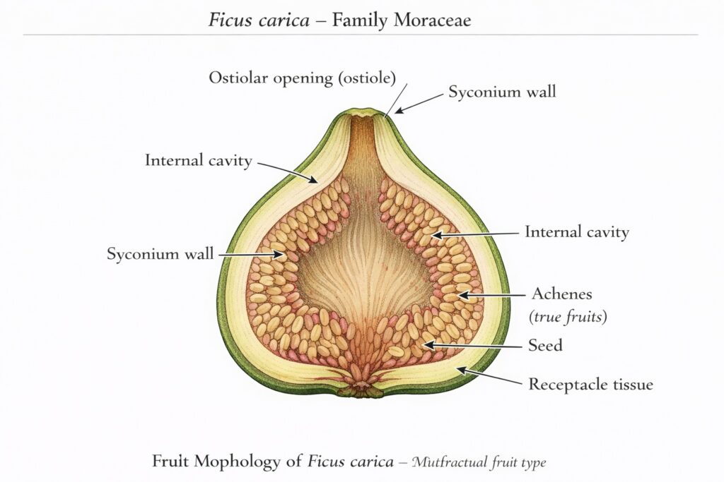 Scientific cross section diagram of a fig fruit (Ficus carica) showing syconium structure and internal seeds.