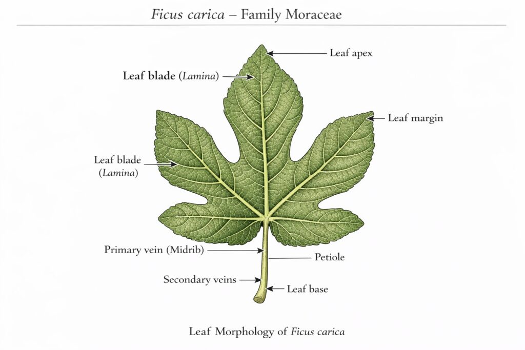 Scientific botanical diagram of a Ficus carica leaf showing palmately lobed structure and labeled venation.