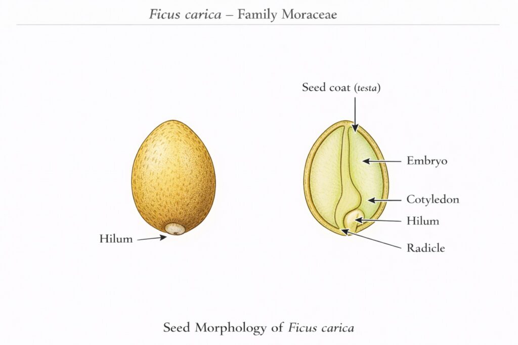 Scientific botanical diagram of a fig seed showing seed coat, embryo, cotyledon, and radicle.