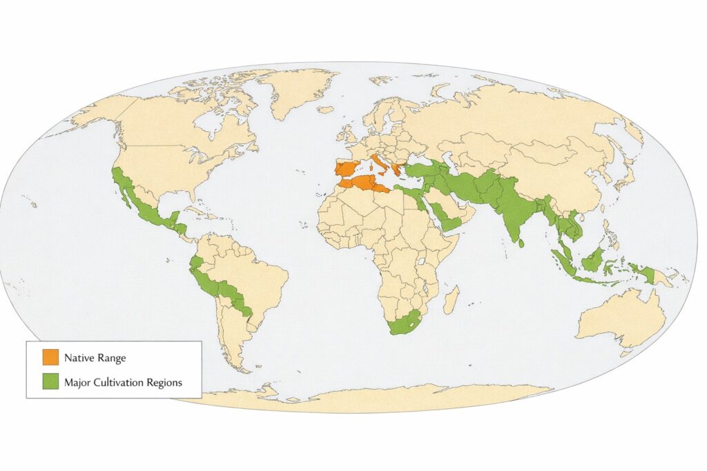 Scientific atlas map showing native and cultivated global distribution of Ficus carica (common fig).