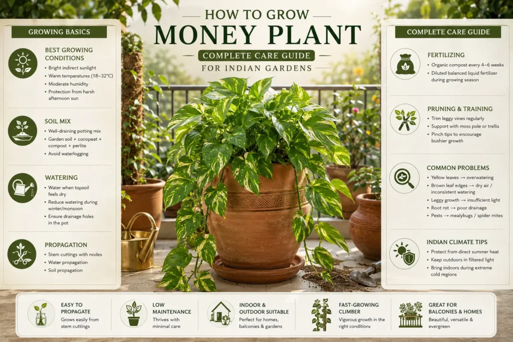 Infographic showing how to grow and care for money plant in Indian gardens, including watering, soil mix, propagation, pruning, and climate care tips.