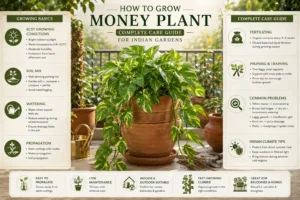 Infographic showing how to grow and care for money plant in Indian gardens, including watering, soil mix, propagation, pruning, and climate care tips.