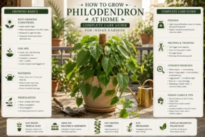 Infographic showing how to grow and care for philodendron at home in Indian gardens, including watering, soil mix, pruning, propagation, and indoor climate care tips.