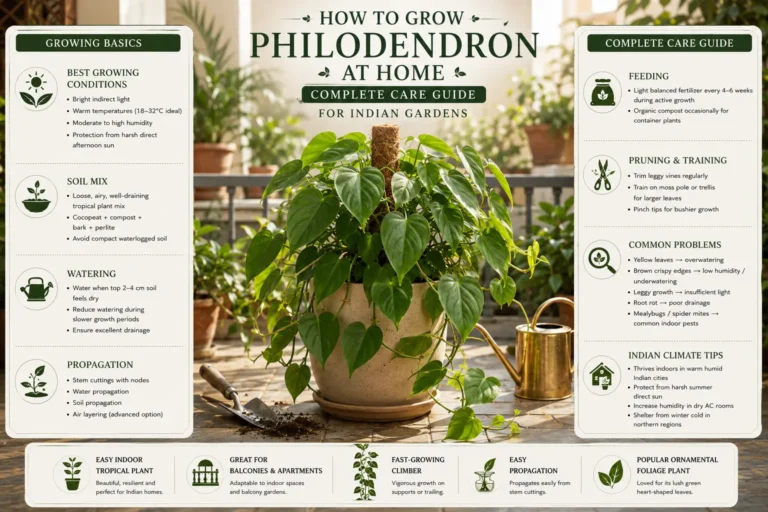 Infographic showing how to grow and care for philodendron at home in Indian gardens, including watering, soil mix, pruning, propagation, and indoor climate care tips.