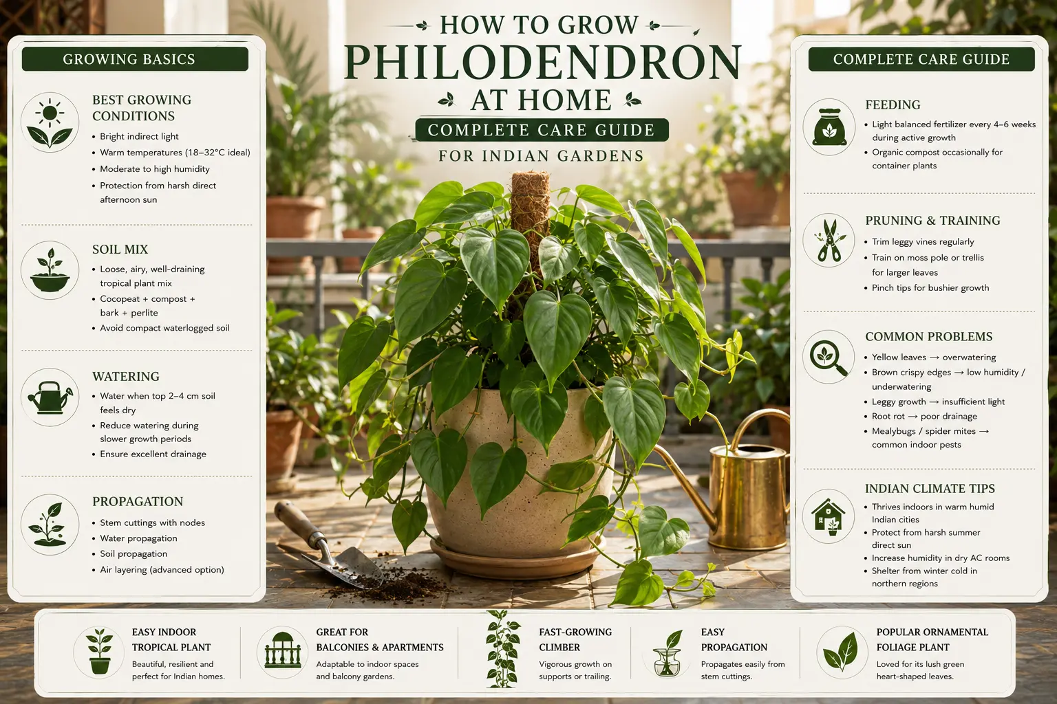 Infographic showing how to grow and care for philodendron at home in Indian gardens, including watering, soil mix, pruning, propagation, and indoor climate care tips.