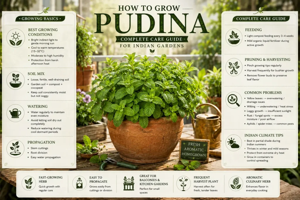 Infographic showing how to grow and care for pudina (mint) in Indian gardens, including watering, soil mix, pruning, propagation, and climate care tips.