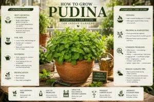 Infographic showing how to grow and care for pudina (mint) in Indian gardens, including watering, soil mix, pruning, propagation, and climate care tips.