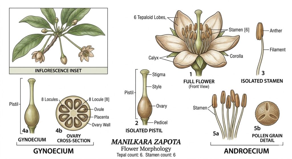 Labeled diagram of Manilkara zapota flower morphology showing full flower, isolated stamen and pistil, ovary cross-section with locules and ovules, and pollen grain detail 