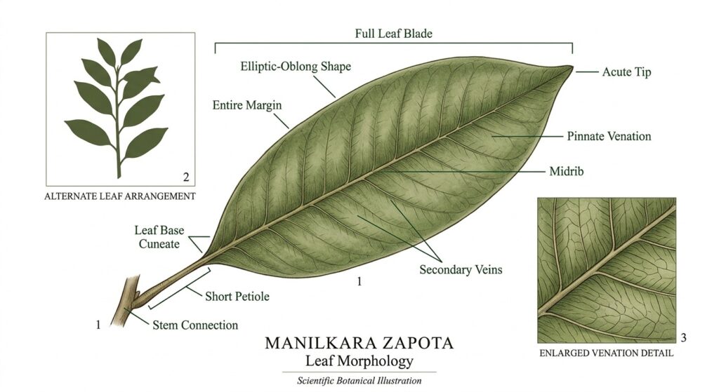 Labeled diagram of Manilkara zapota leaf showing elliptic-oblong blade, entire margin, pinnate venation, midrib, secondary veins, acute tip, cuneate base, short petiole, and alternate arrangement