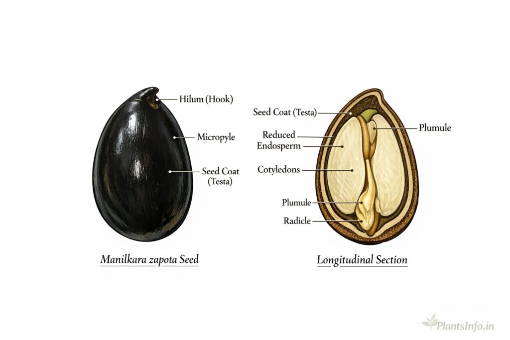 Labeled diagram of Manilkara zapota seed showing external view with hilum and micropyle and longitudinal section with seed coat, cotyledons, reduced endosperm, plumule, and radicle